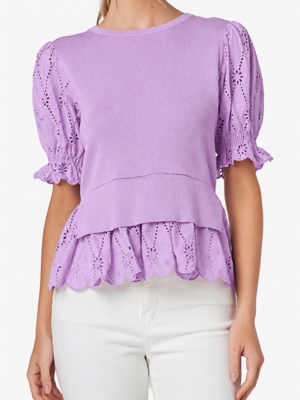 English Factory Lavender Eyelet Peplum Puff-Sleeve Top